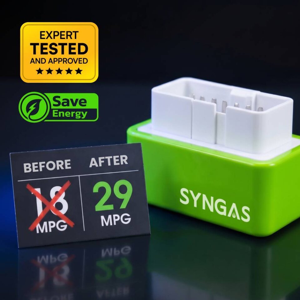 SynGas OBD2 fuel saver device with before/after MPG comparison